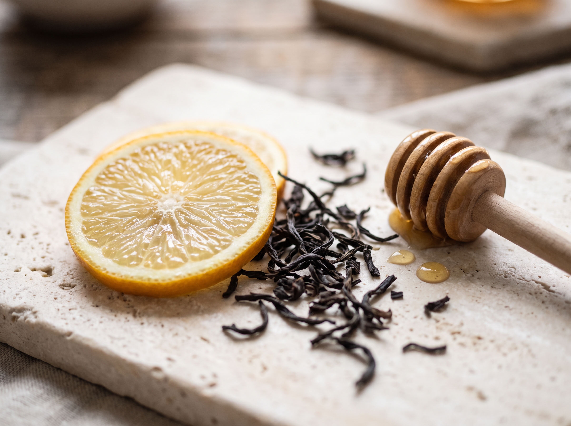 A halved bergamot orange beside loose-leaf black tea and a wooden honey dipper on a pale stone surface, photographed from above.