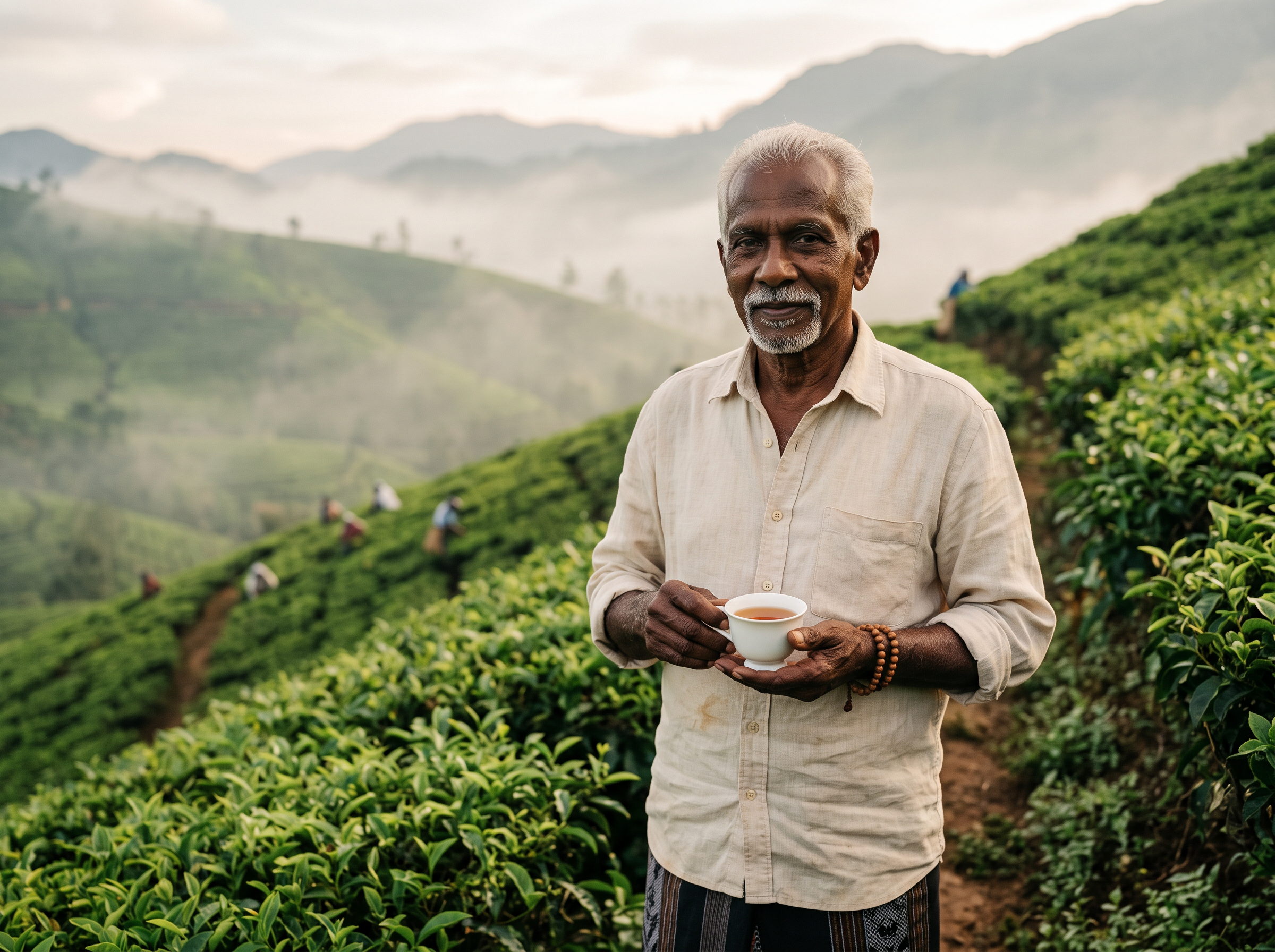 A portrait-style editorial image of an elderly Sri Lankan man in a pale linen shirt, standing in front of a tea garden with misted hills behind, holding a small white cup.