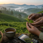 Two generations examine fresh tea leaves beside a cup of tea and a smartphone in a Sri Lankan tea estate.