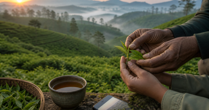 Two generations examine fresh tea leaves beside a cup of tea and a smartphone in a Sri Lankan tea estate.