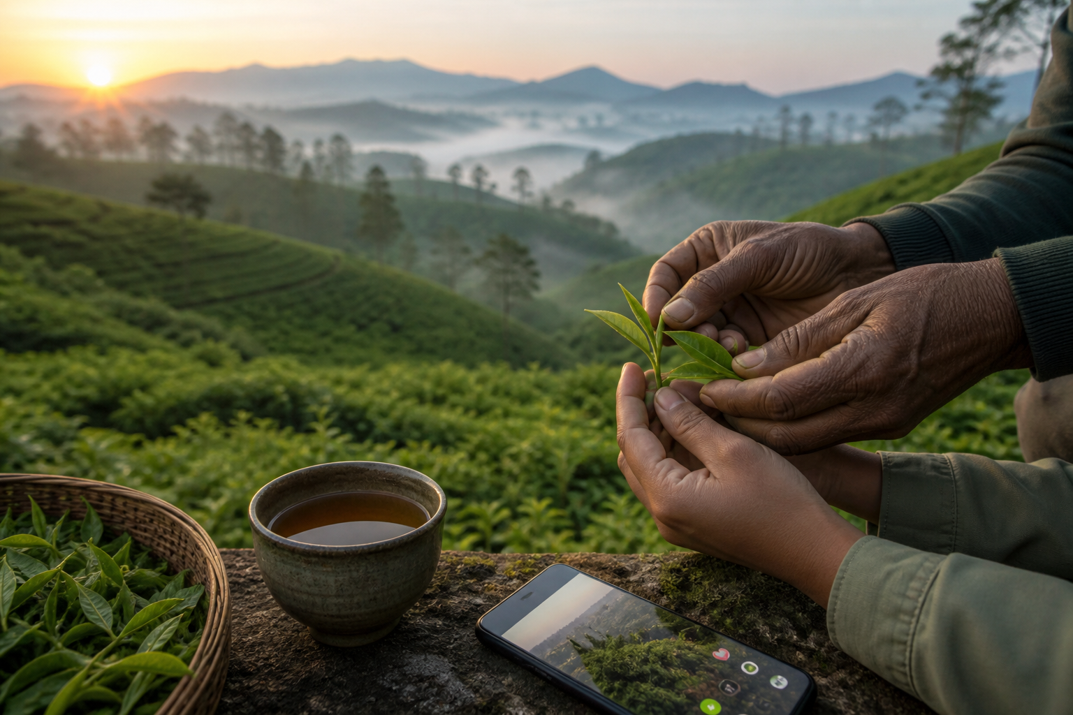 Two generations examine fresh tea leaves beside a cup of tea and a smartphone in a Sri Lankan tea estate.