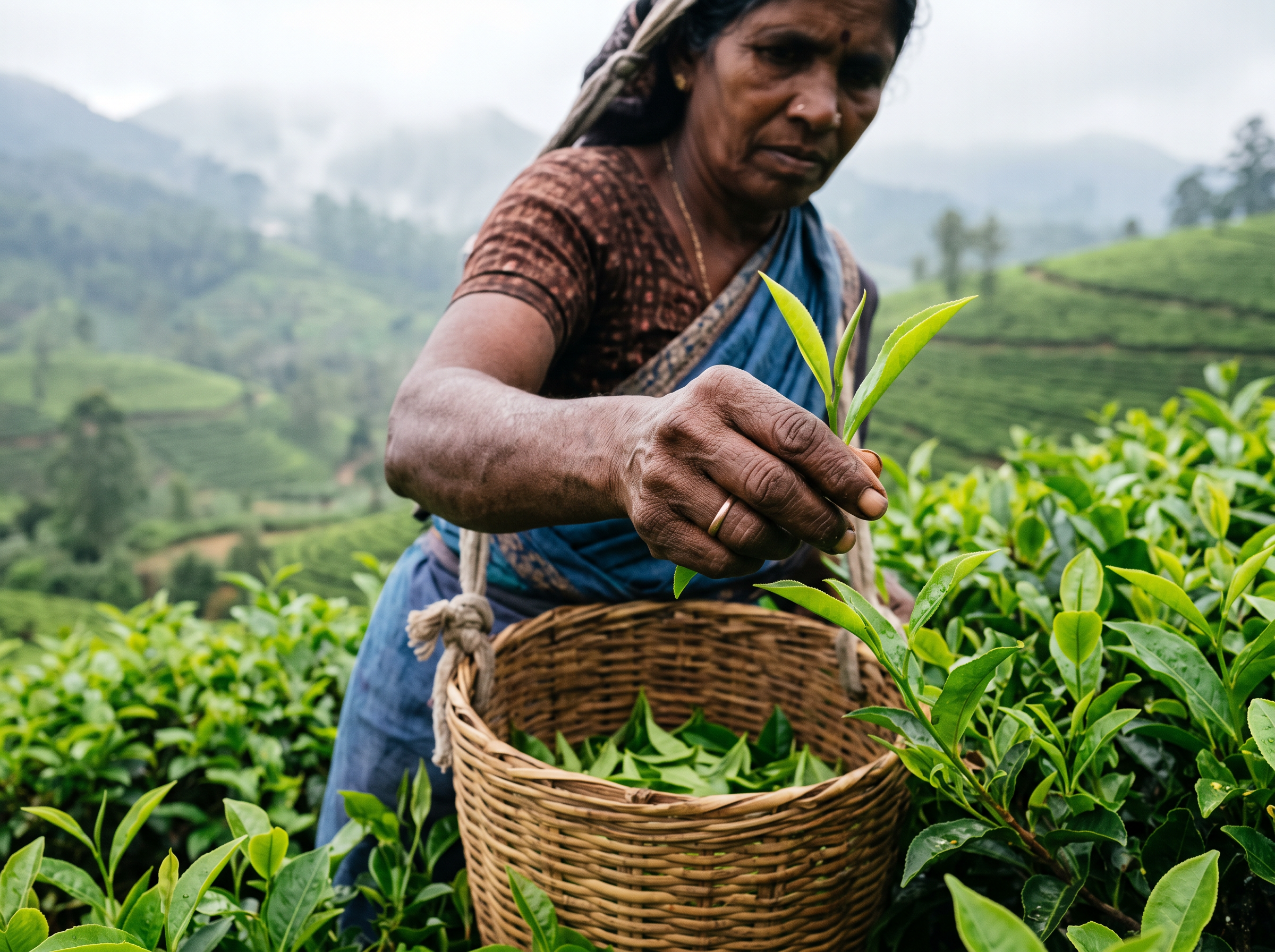 A close-up of a tea plucker selecting two leaves and a bud from a tea bush in a Sri Lankan highland garden, with misted hills and a wooden plucking basket in the foreground.