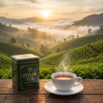 A rolling Sri Lankan tea estate at sunrise, with a traditional Ceylon tea tin and a steaming cup in the foreground, mist hanging over the central highlands.