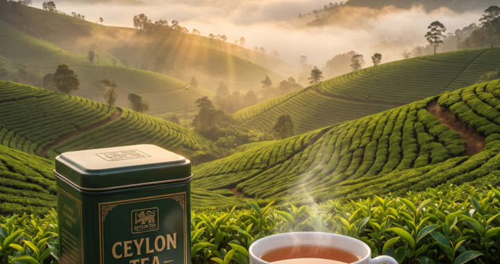 A rolling Sri Lankan tea estate at sunrise, with a traditional Ceylon tea tin and a steaming cup in the foreground, mist hanging over the central highlands.