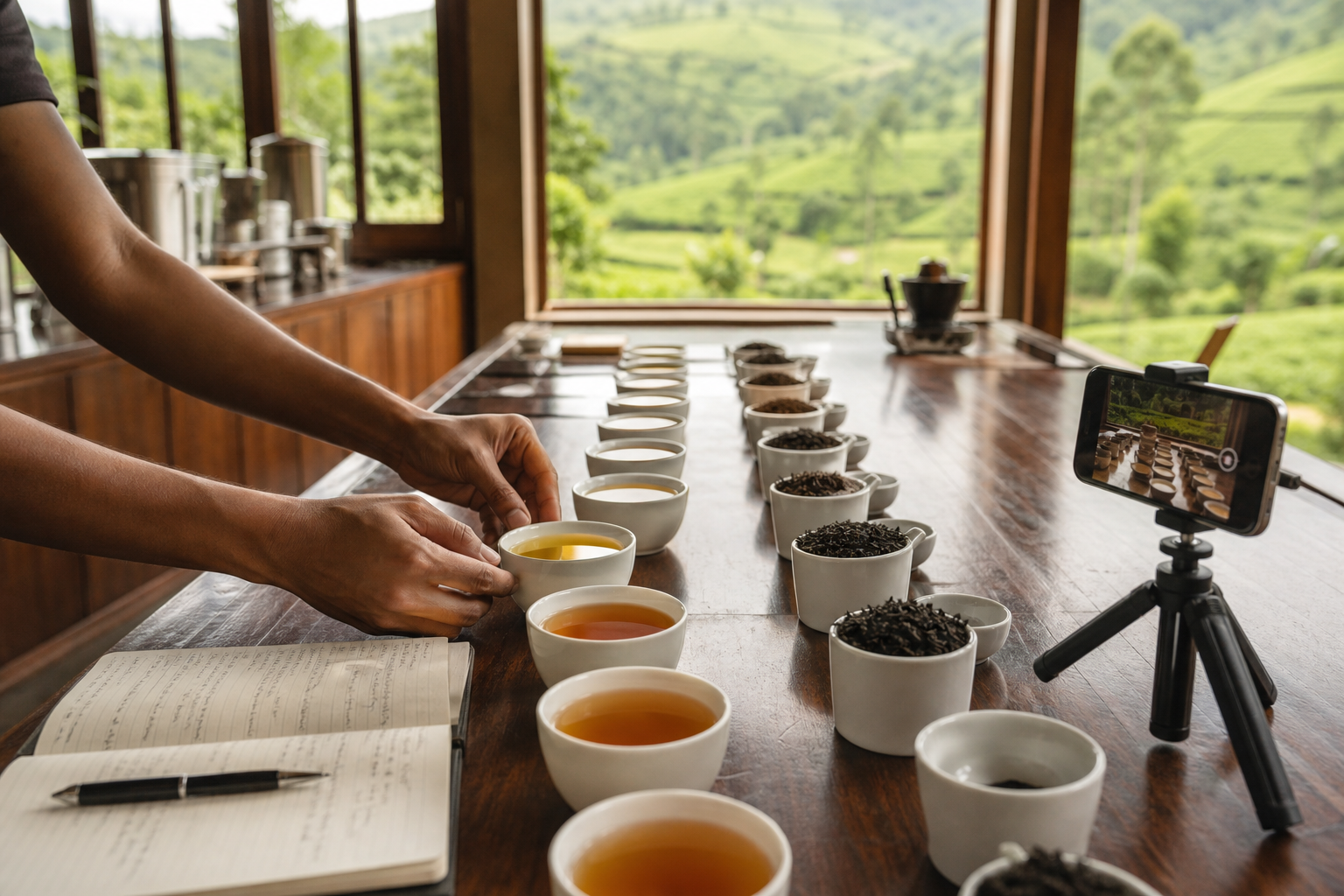 A tea apprentice arranges tasting bowls while a smartphone records the process in a Sri Lankan tea room.