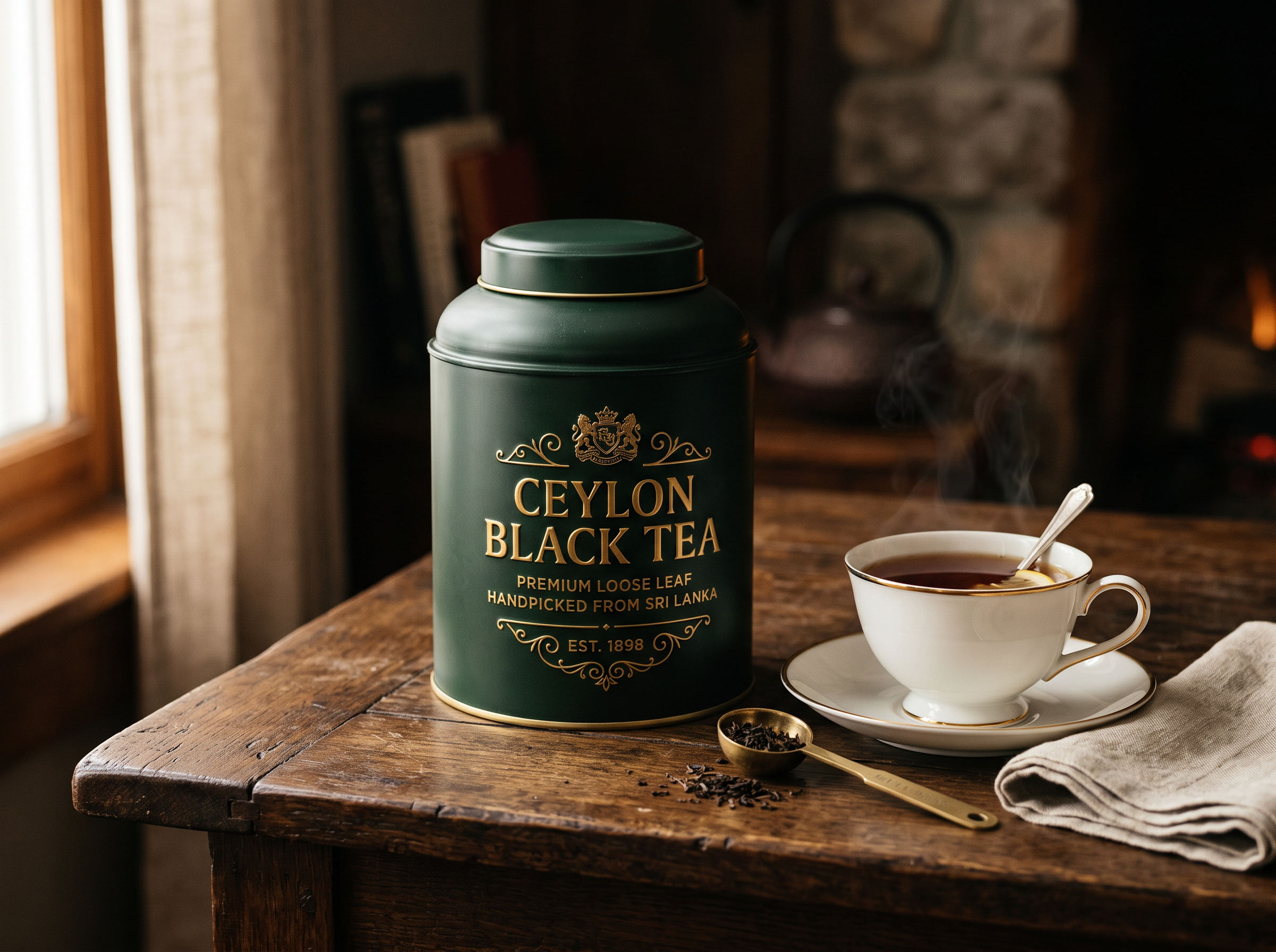 A premium Dilmah tea tin standing on a dark wooden table beside a white porcelain cup of brewed Ceylon tea, a brass tea measure, and a folded linen napkin.
