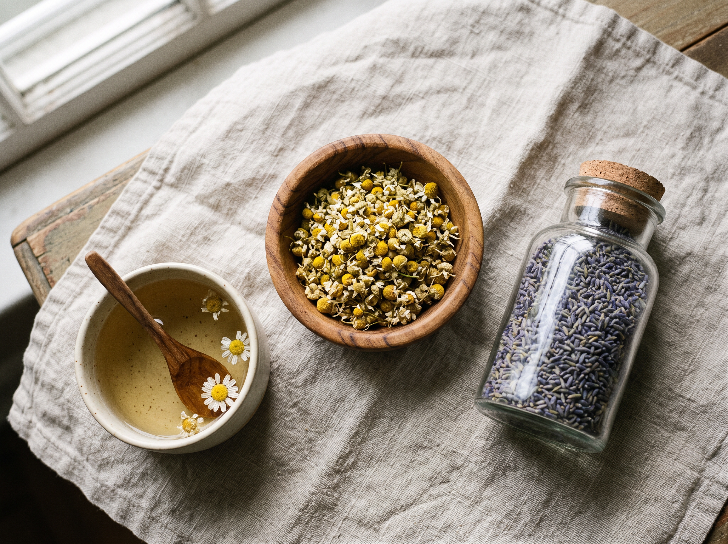 A wooden bowl of dried chamomile flowers, a glass jar of dried lavender buds, and a cup of pale golden herbal tea on a soft linen cloth, photographed from above.