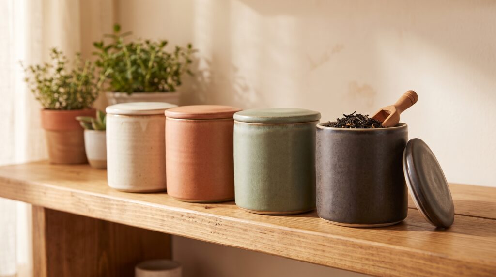 Four ceramic tea canisters in muted earth tones lined up on a wooden kitchen shelf, one open showing dried tea leaves, in warm soft light.