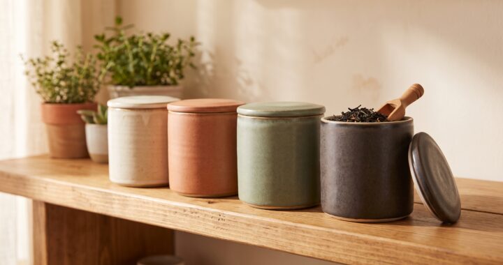 Four ceramic tea canisters in muted earth tones lined up on a wooden kitchen shelf, one open showing dried tea leaves, in warm soft light.