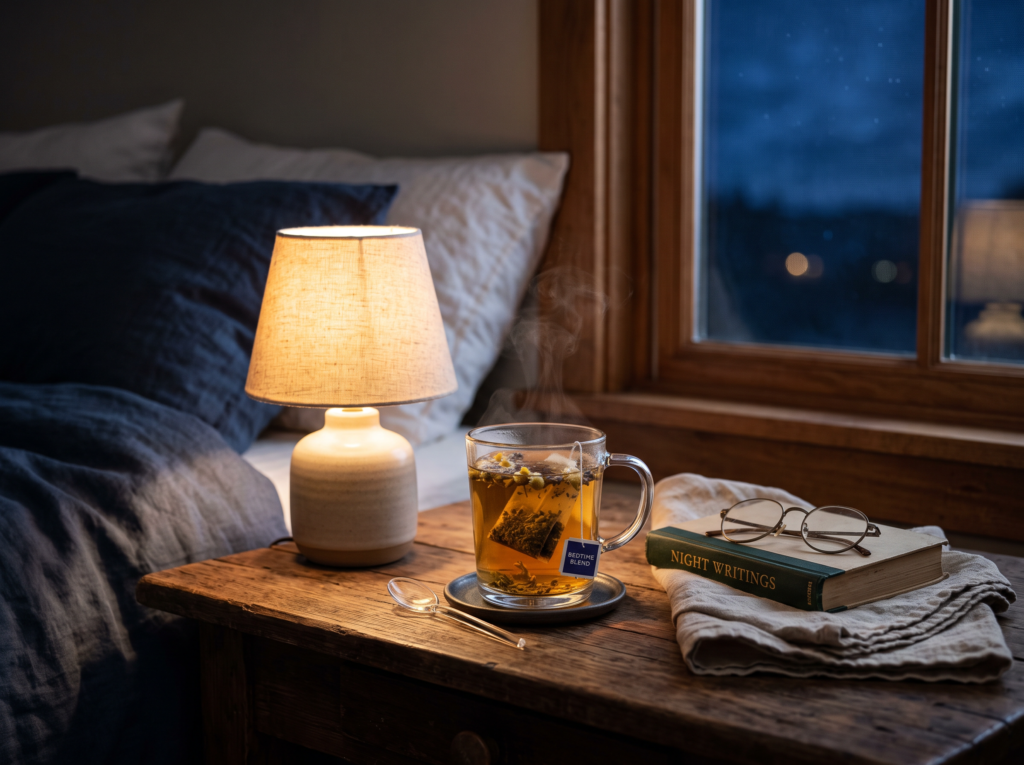 A clear glass mug of golden herbal bedtime tea on a wooden bedside table, with a soft warm lamp, a small book and reading glasses, and a folded linen cloth.
