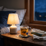A clear glass mug of golden herbal bedtime tea on a wooden bedside table, with a soft warm lamp, a small book and reading glasses, and a folded linen cloth.