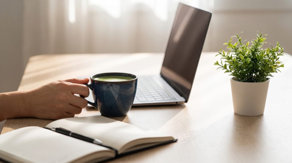 A hand holding a warm cup of tea beside a clean desk with a slim laptop, an open notebook and a small potted plant, lit by soft morning window light.