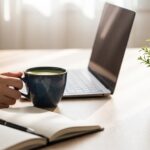 A hand holding a warm cup of tea beside a clean desk with a slim laptop, an open notebook and a small potted plant, lit by soft morning window light.