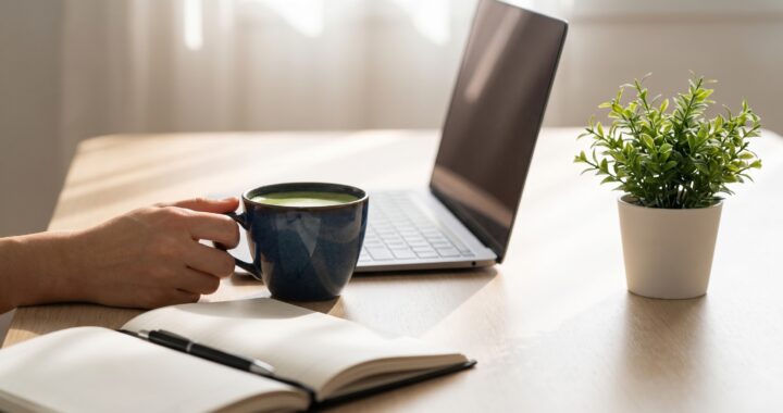 A hand holding a warm cup of tea beside a clean desk with a slim laptop, an open notebook and a small potted plant, lit by soft morning window light.