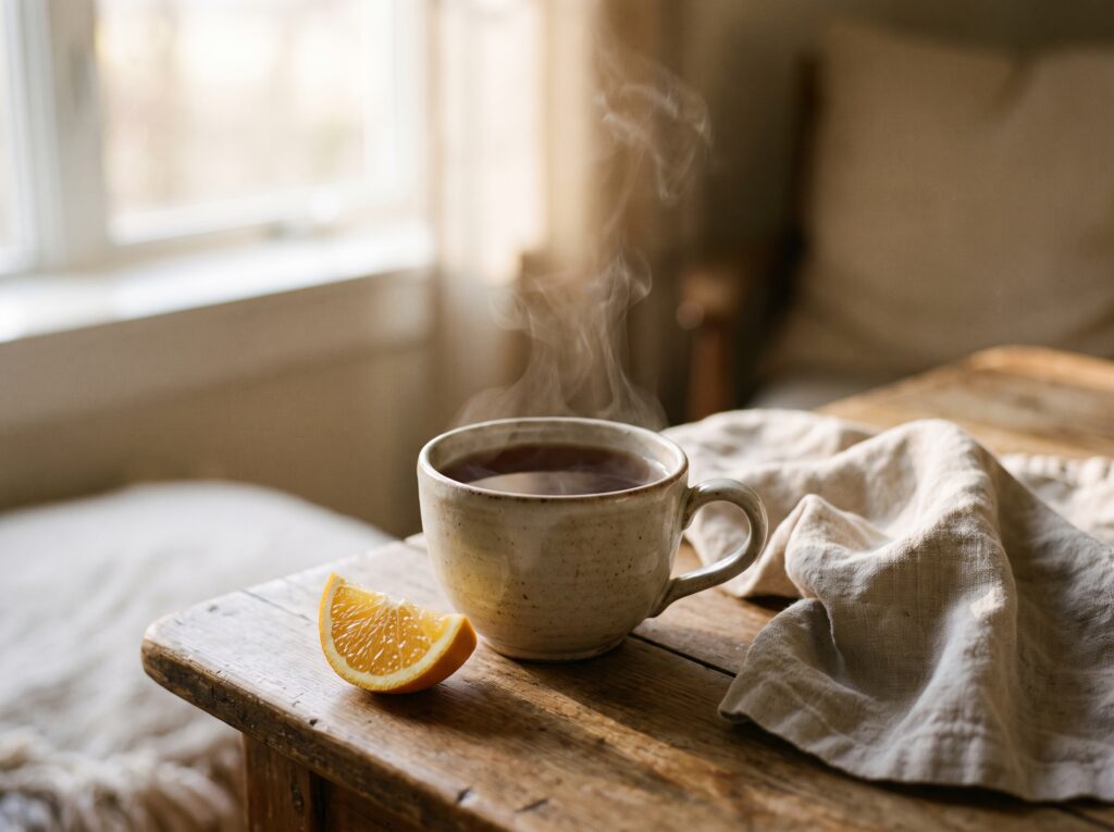 A ceramic cup of Earl Grey tea on a wooden table in soft morning light, with a slice of bergamot orange beside the cup and a folded linen napkin.