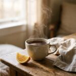 A ceramic cup of Earl Grey tea on a wooden table in soft morning light, with a slice of bergamot orange beside the cup and a folded linen napkin.
