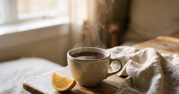 A ceramic cup of Earl Grey tea on a wooden table in soft morning light, with a slice of bergamot orange beside the cup and a folded linen napkin.