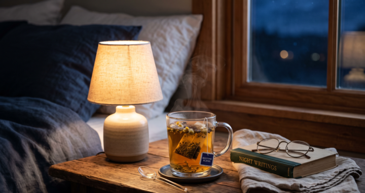 A clear glass mug of golden herbal bedtime tea on a wooden bedside table, with a soft warm lamp, a small book and reading glasses, and a folded linen cloth.