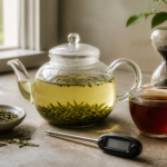Glass teapot of green tea beside black tea, loose leaves, a thermometer and an hourglass