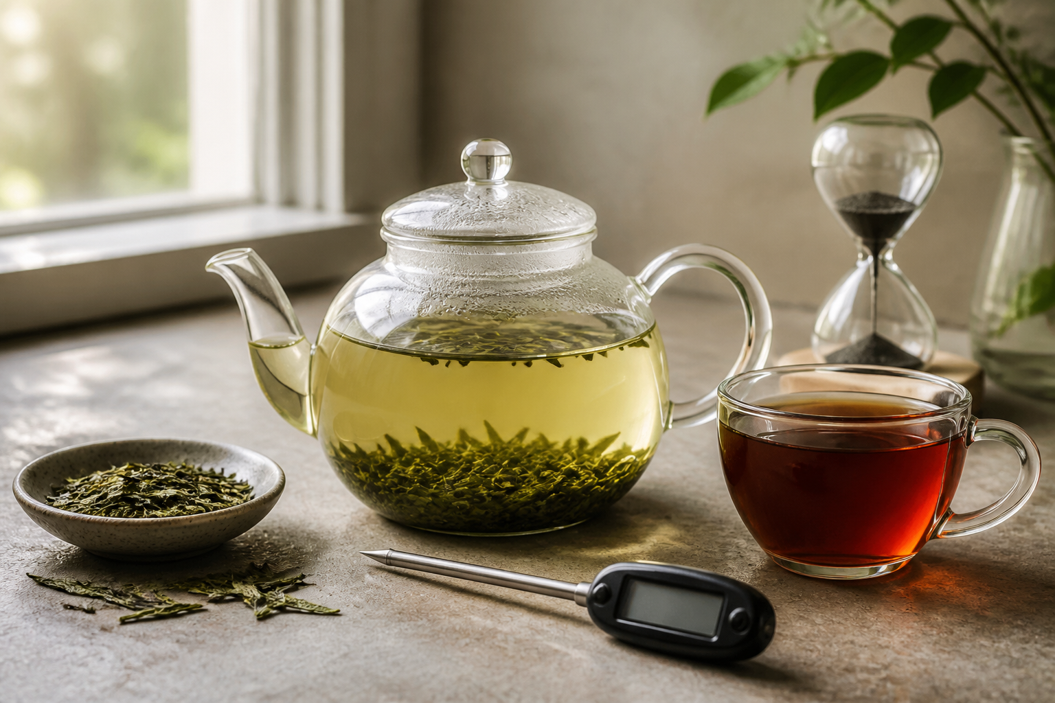 Glass teapot of green tea beside black tea, loose leaves, a thermometer and an hourglass