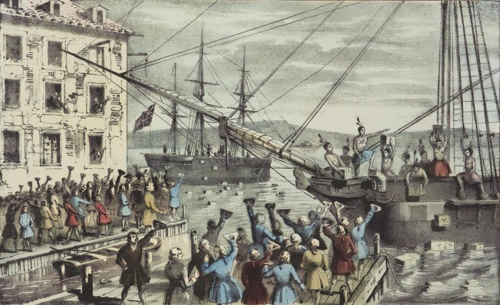 Hand-coloured print of men throwing tea chests from a ship into Boston Harbor as a crowd cheers.