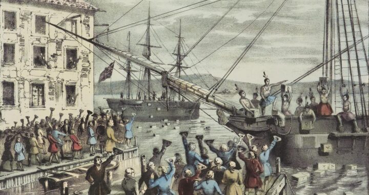 Hand-coloured print of men throwing tea chests from a ship into Boston Harbor as a crowd cheers.