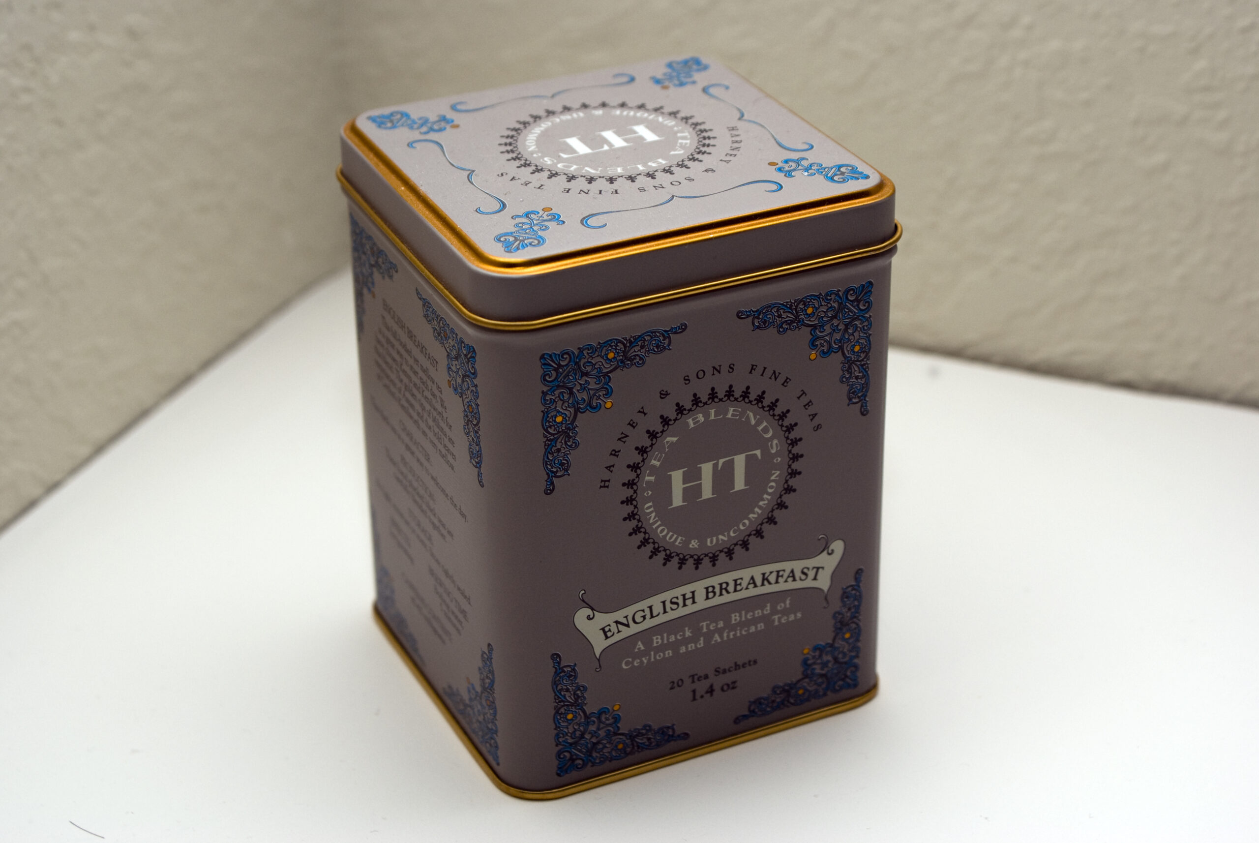 A tin of Harney & Sons English Breakfast loose-leaf tea — one of the company's signature blends since 1983.