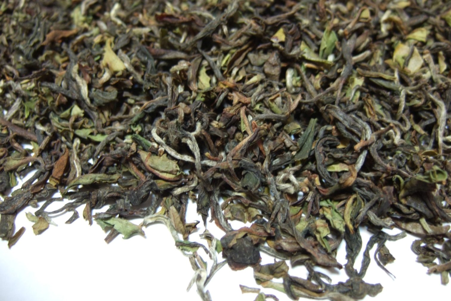 Dry first flush Darjeeling tea leaves in mixed shades of green, brown and dark olive, with silvery buds scattered through them.