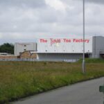 A large grey industrial building with red lettering reading The Typhoo Tea Factory, behind a field of long grass.